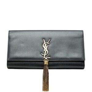 Saint Laurent YSL Logo Kate Tassel Fringe Clutch Bag in Black Leather for Women